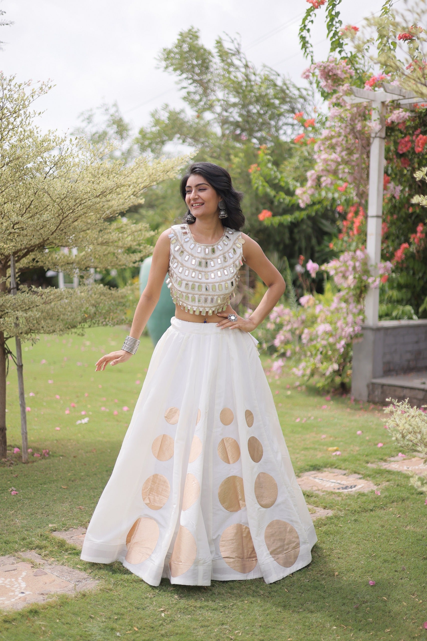 Navratri Roman-silk Mirror Lace Work Lehenga (White)