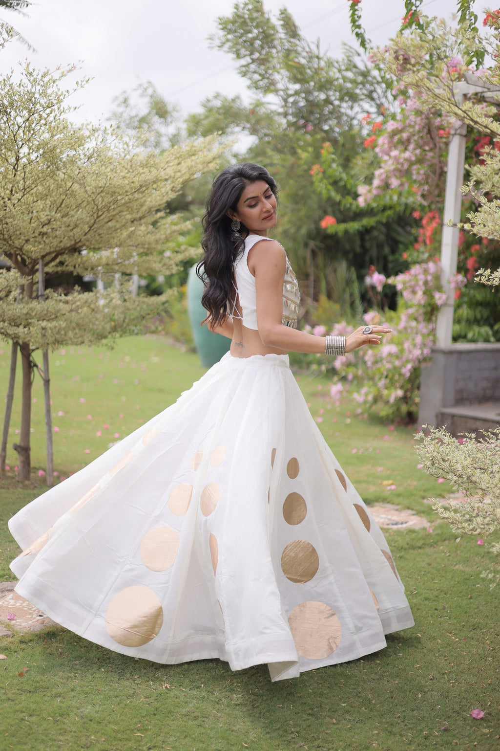 Navratri Roman-silk Mirror Lace Work Lehenga (White)