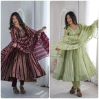 Pastel Green Zari Stripe Anarkali Kurta Pant Set
