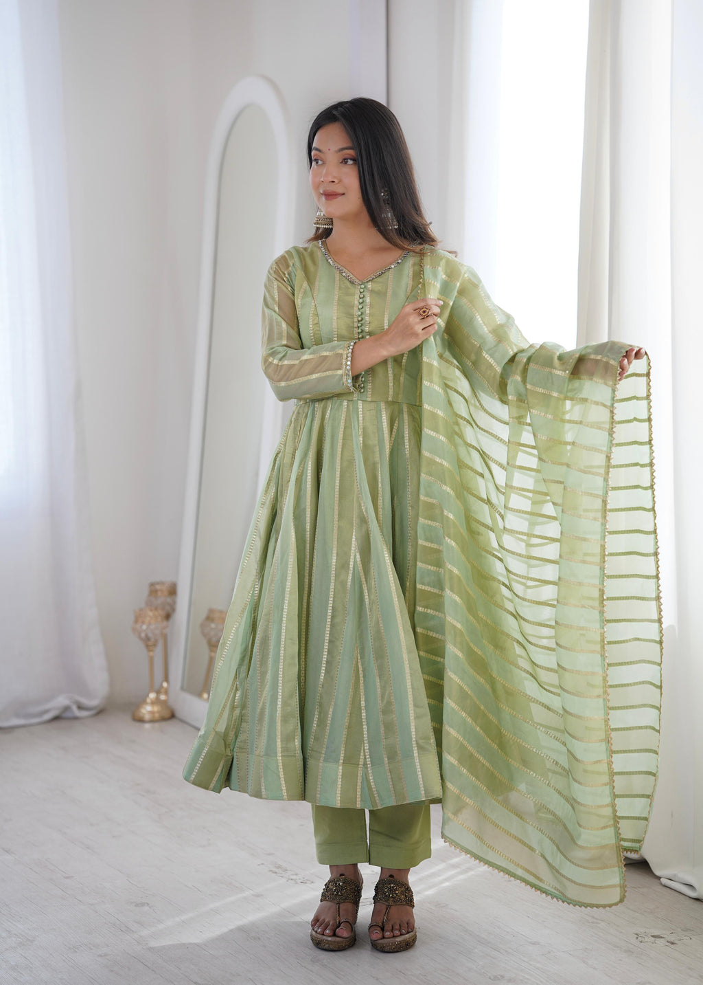 Pastel Green Zari Stripe Anarkali Kurta Pant Set