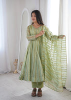 Pastel Green Zari Stripe Anarkali Kurta Pant Set