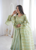 Pastel Green Zari Stripe Anarkali Kurta Pant Set