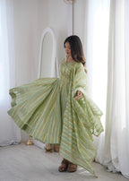Pastel Green Zari Stripe Anarkali Kurta Pant Set