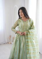 Pastel Green Zari Stripe Anarkali Kurta Pant Set