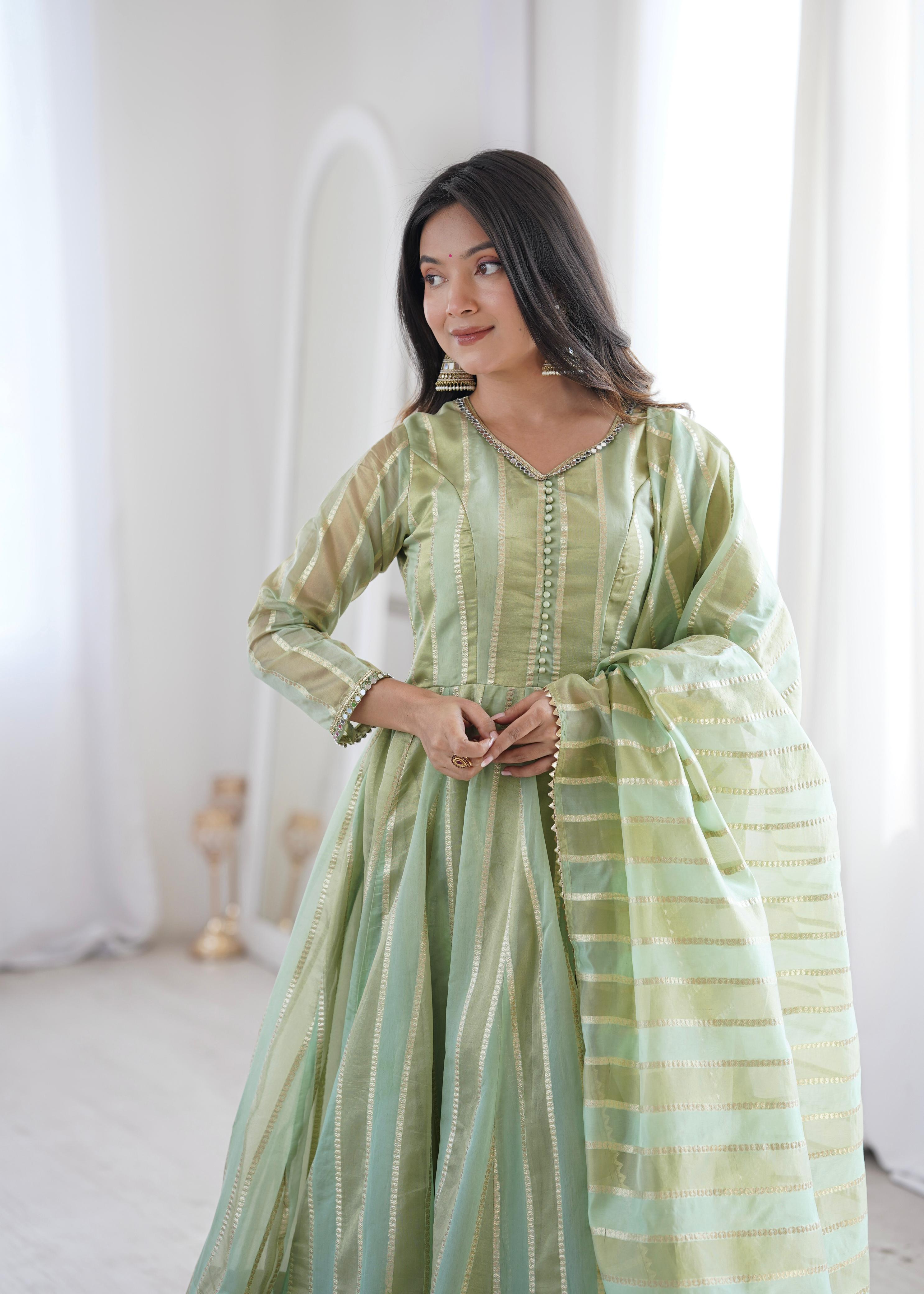 Pastel Green Zari Stripe Anarkali Kurta Pant Set