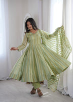 Pastel Green Zari Stripe Anarkali Kurta Pant Set