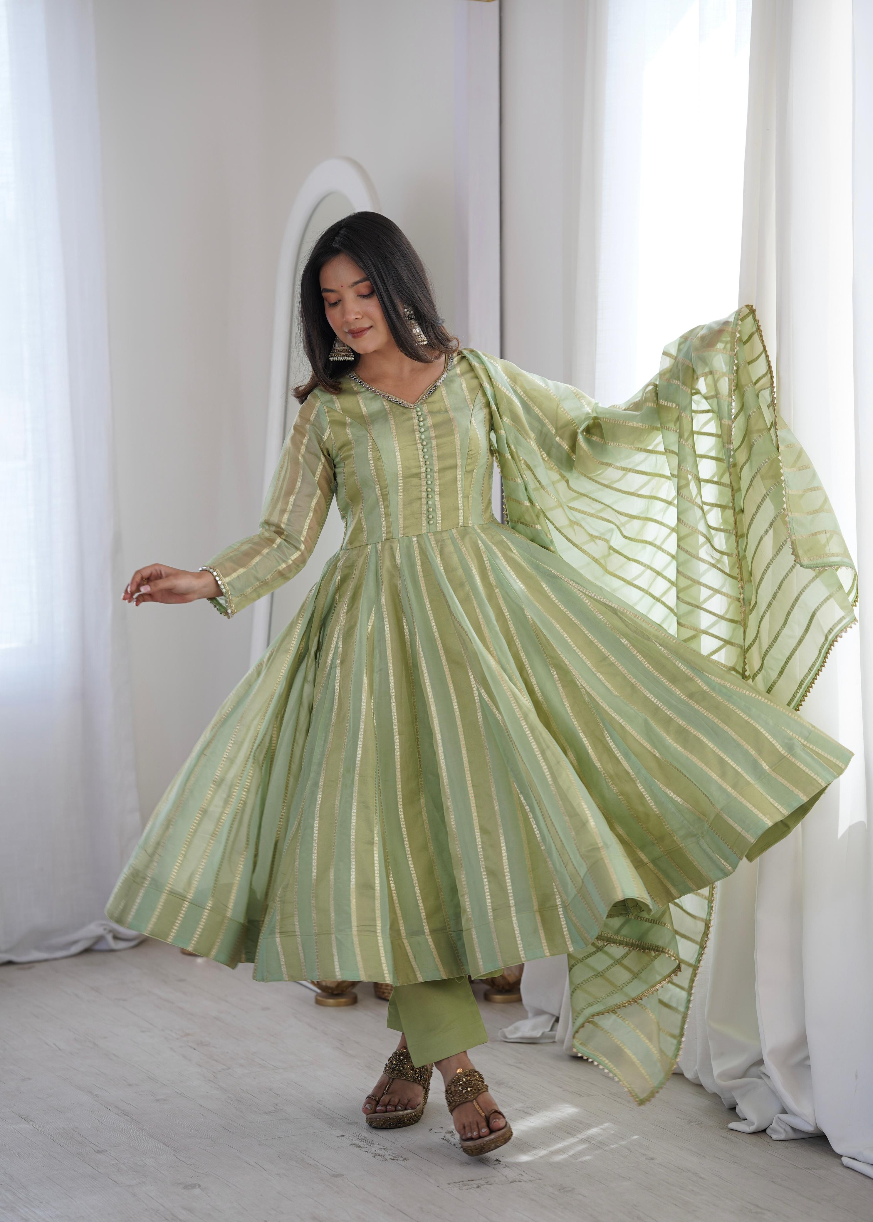 Pastel Green Zari Stripe Anarkali Kurta Pant Set