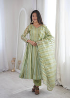 Pastel Green Zari Stripe Anarkali Kurta Pant Set