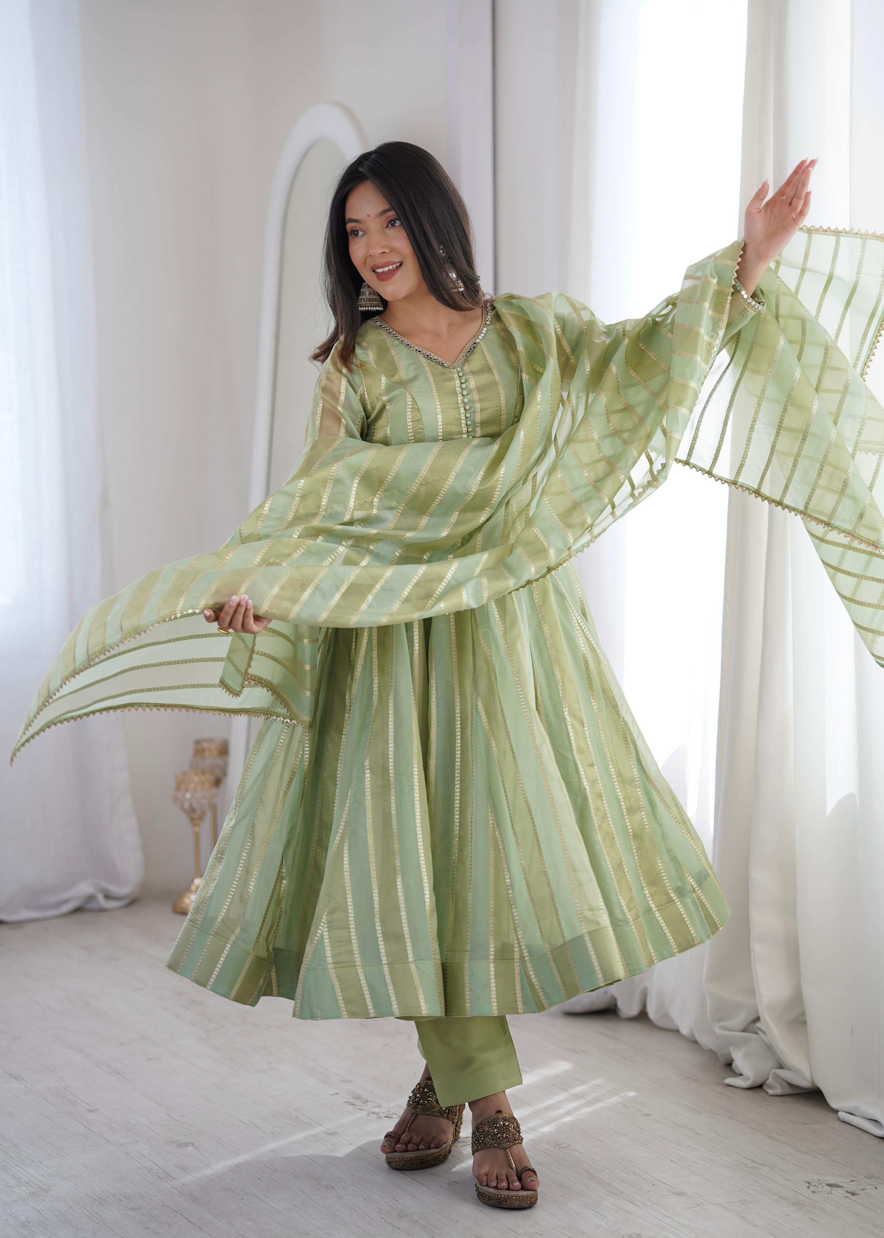 Pastel Green Zari Stripe Anarkali Kurta Pant Set