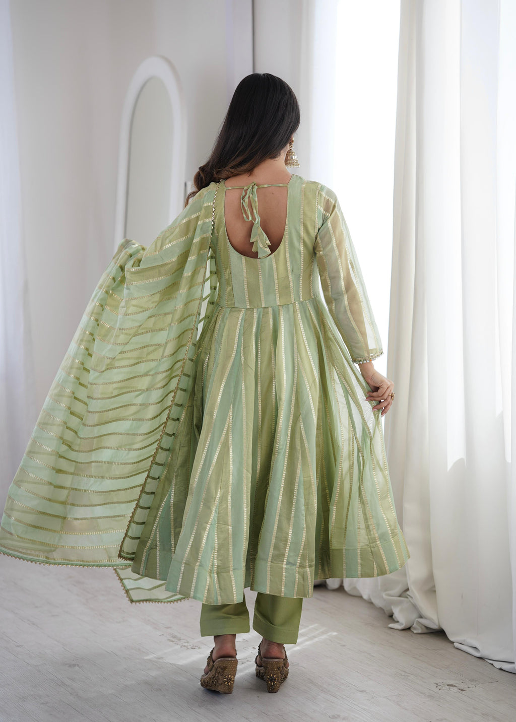 Pastel Green Zari Stripe Anarkali Kurta Pant Set