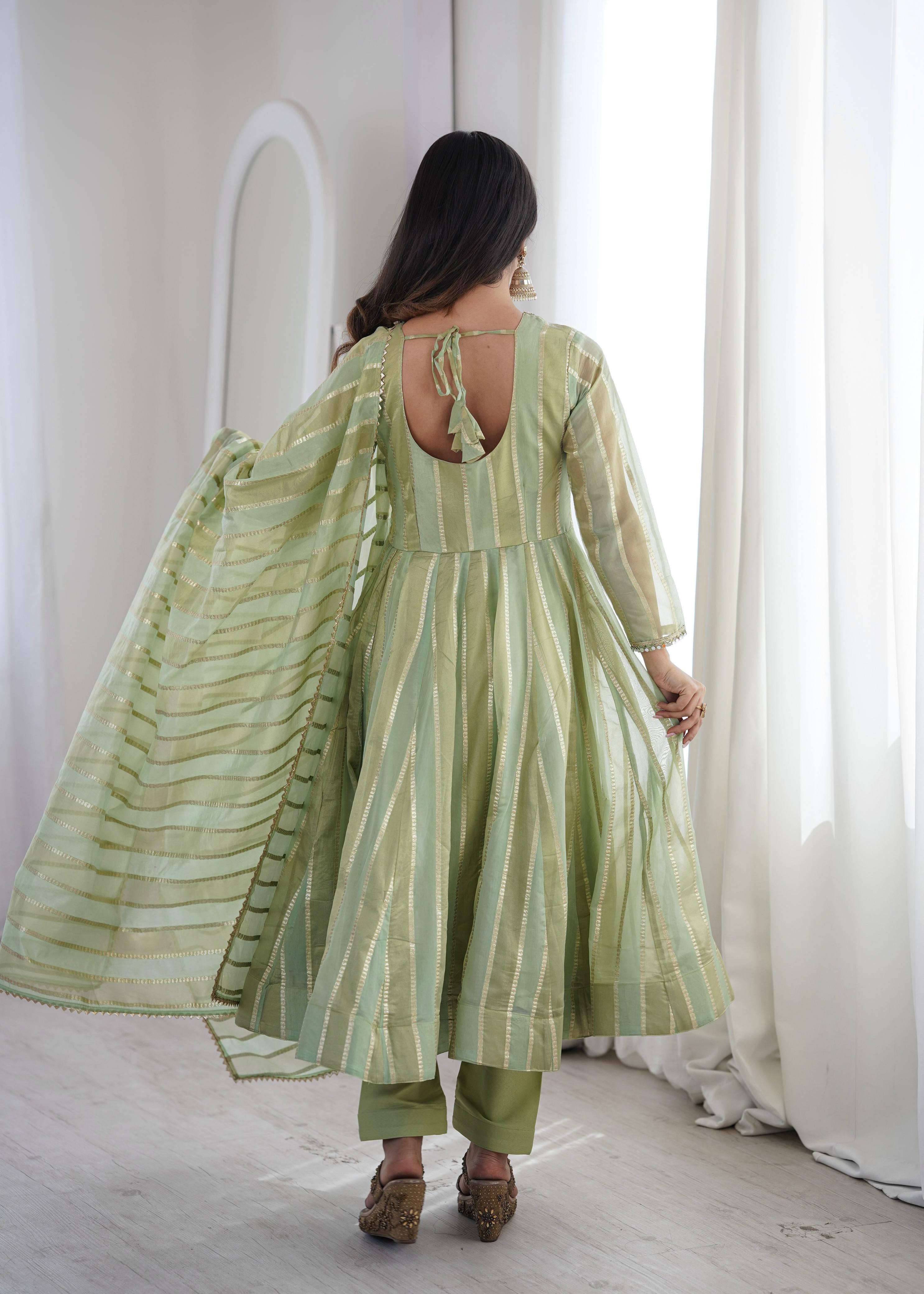 Pastel Green Zari Stripe Anarkali Kurta Pant Set