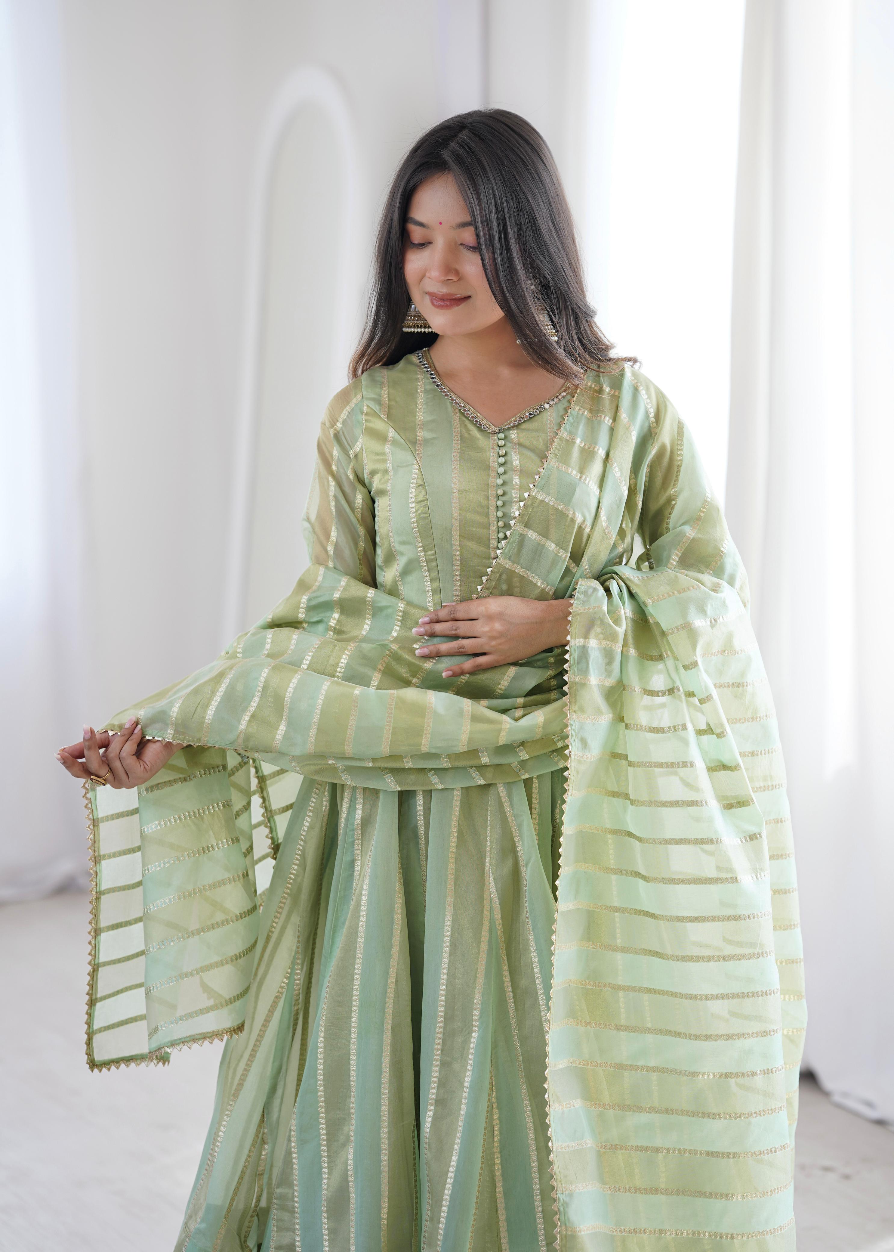 Pastel Green Zari Stripe Anarkali Kurta Pant Set