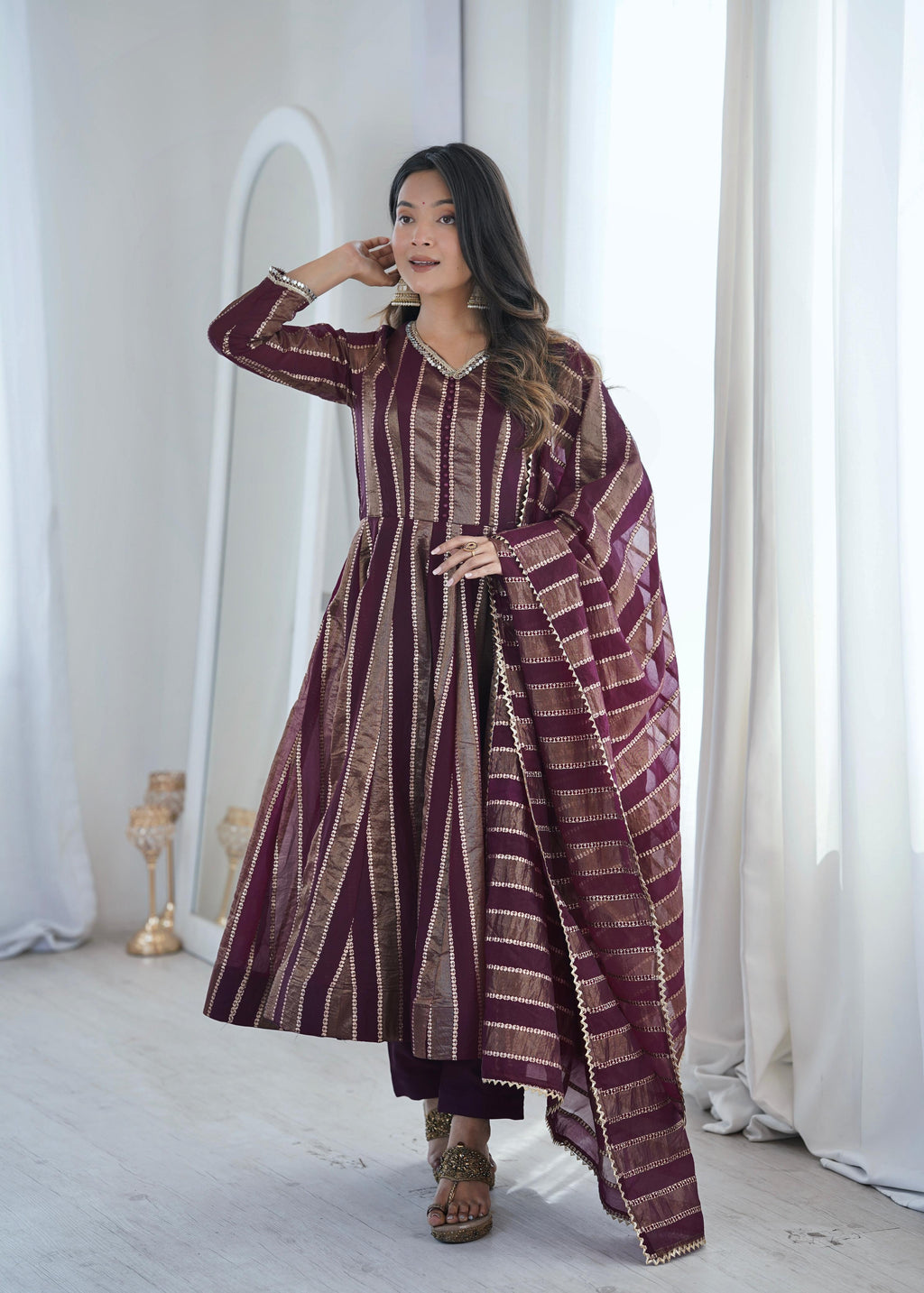 Purple Zari Stripe Anarkali Kurta Pant Set