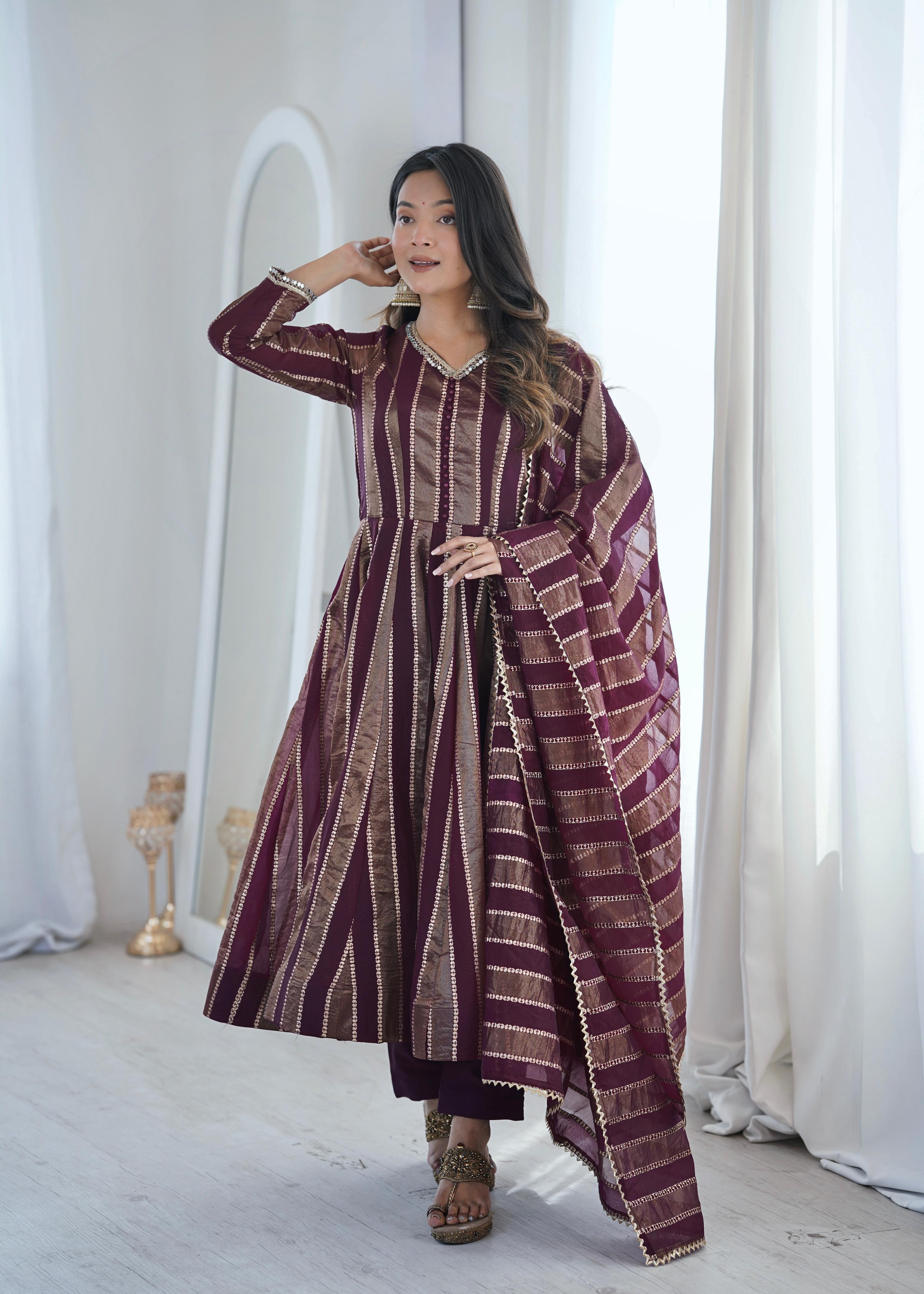 Purple Zari Stripe Anarkali Kurta Pant Set