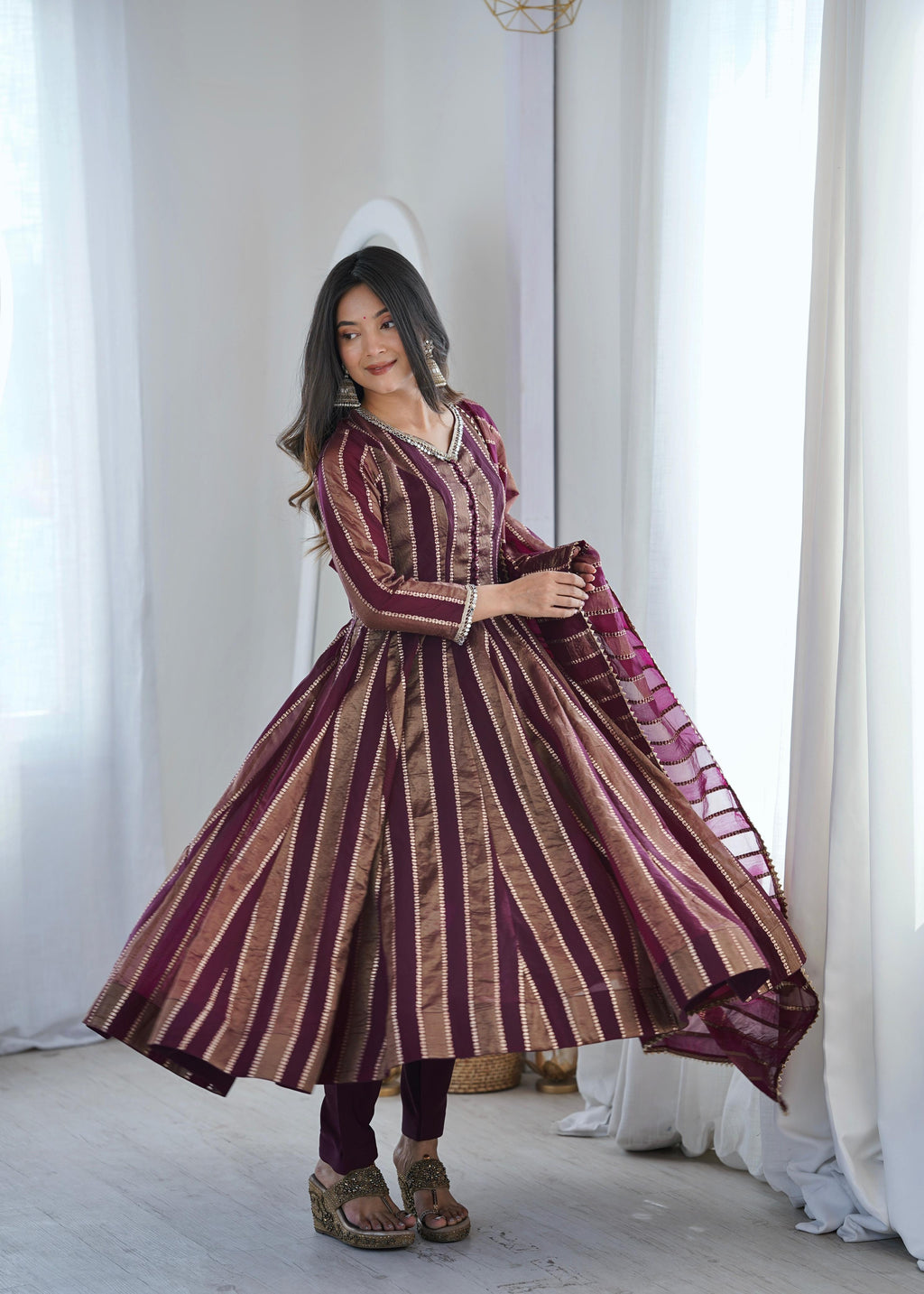 Purple Zari Stripe Anarkali Kurta Pant Set