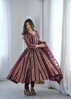 Purple Zari Stripe Anarkali Kurta Pant Set