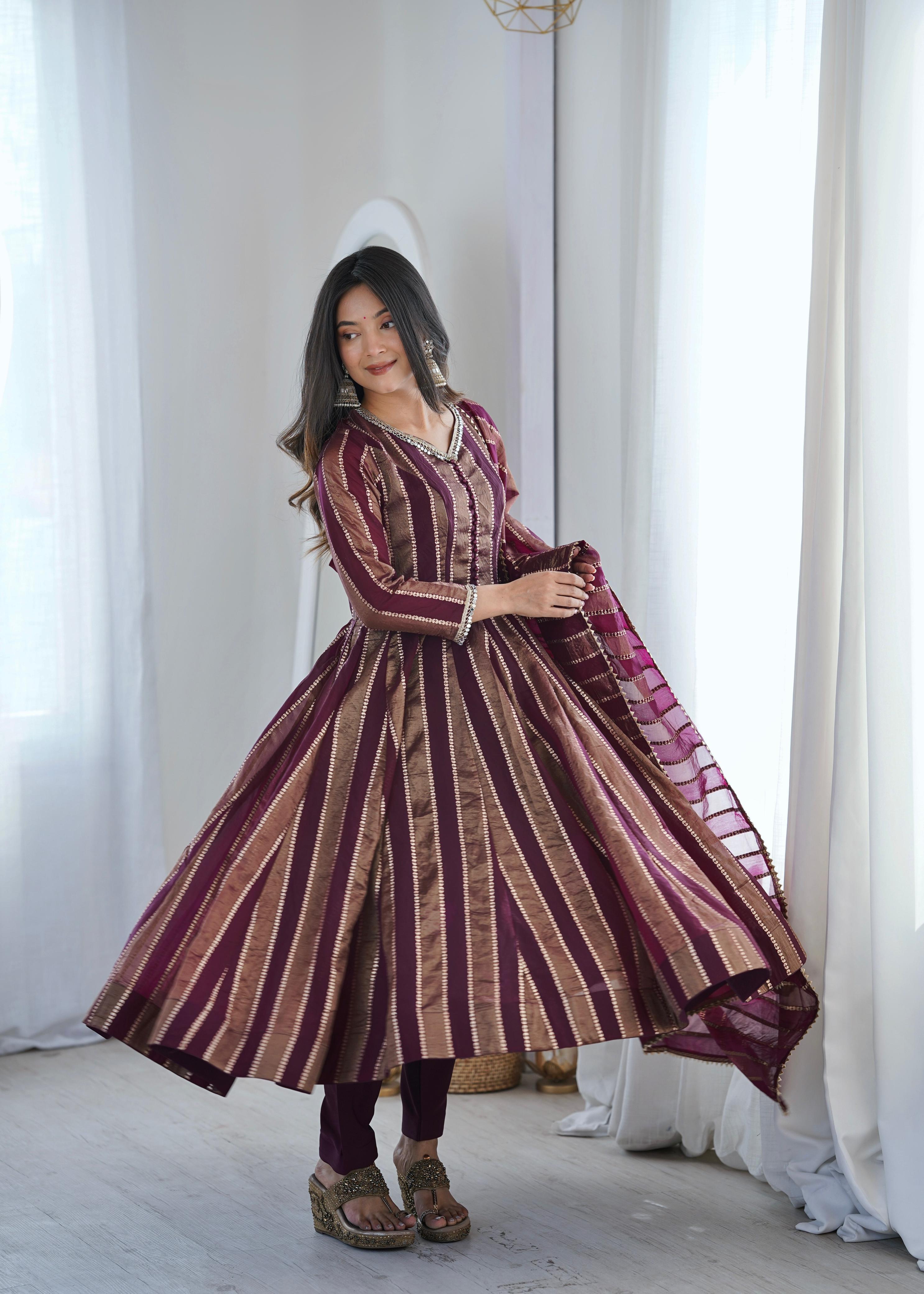 Purple Zari Stripe Anarkali Kurta Pant Set