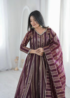 Purple Zari Stripe Anarkali Kurta Pant Set