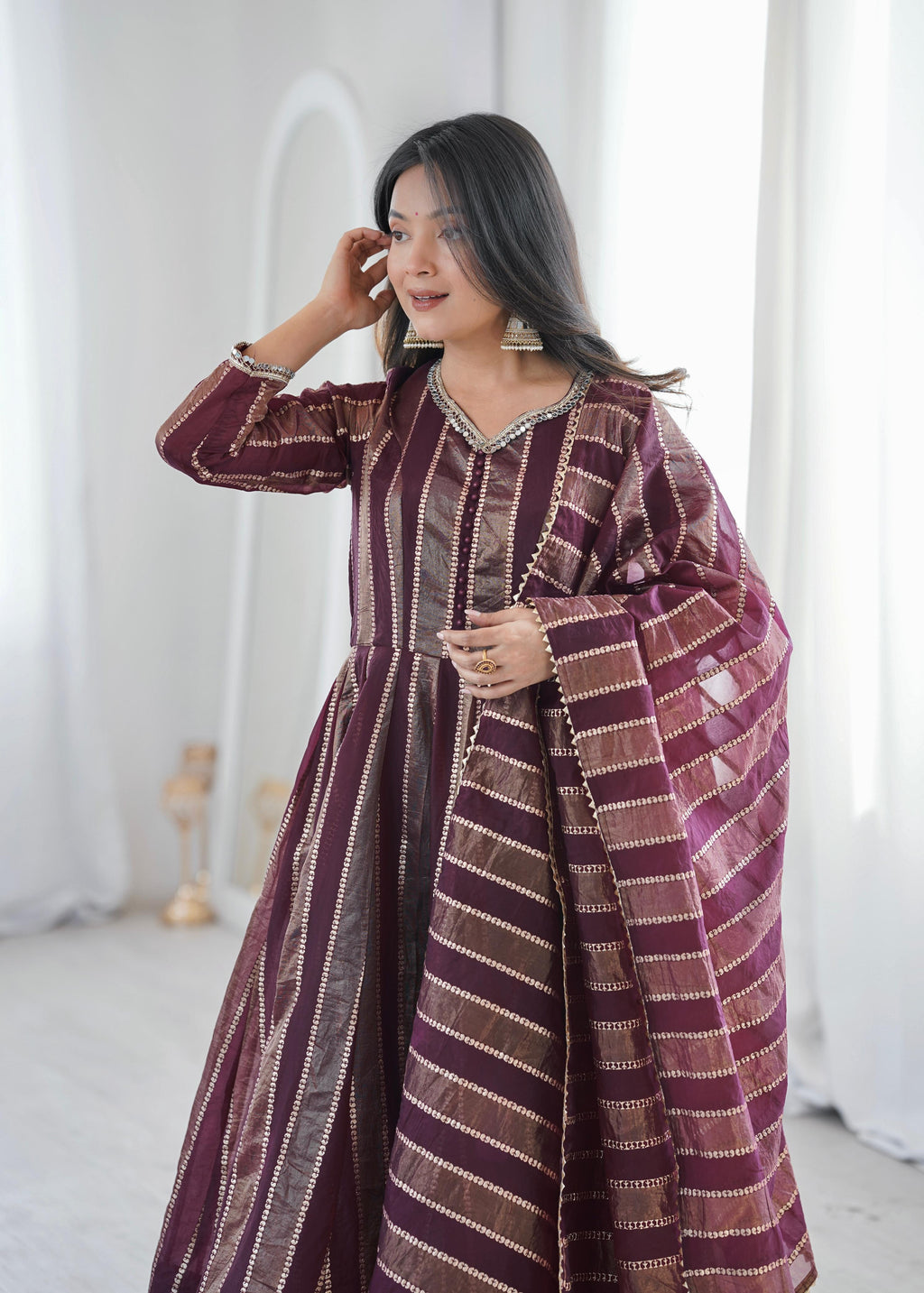 Purple Zari Stripe Anarkali Kurta Pant Set