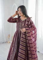 Purple Zari Stripe Anarkali Kurta Pant Set
