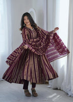 Purple Zari Stripe Anarkali Kurta Pant Set