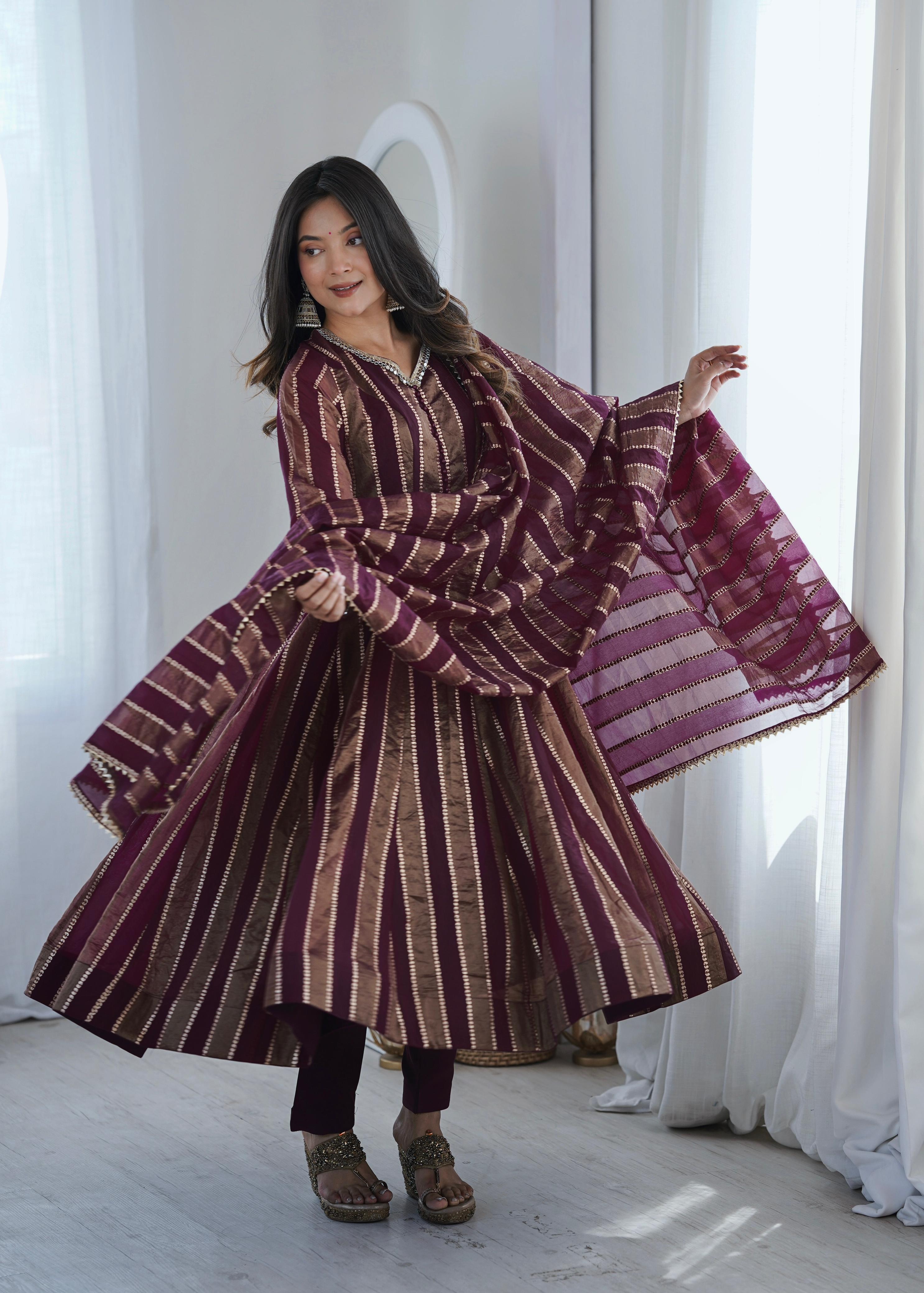 Purple Zari Stripe Anarkali Kurta Pant Set