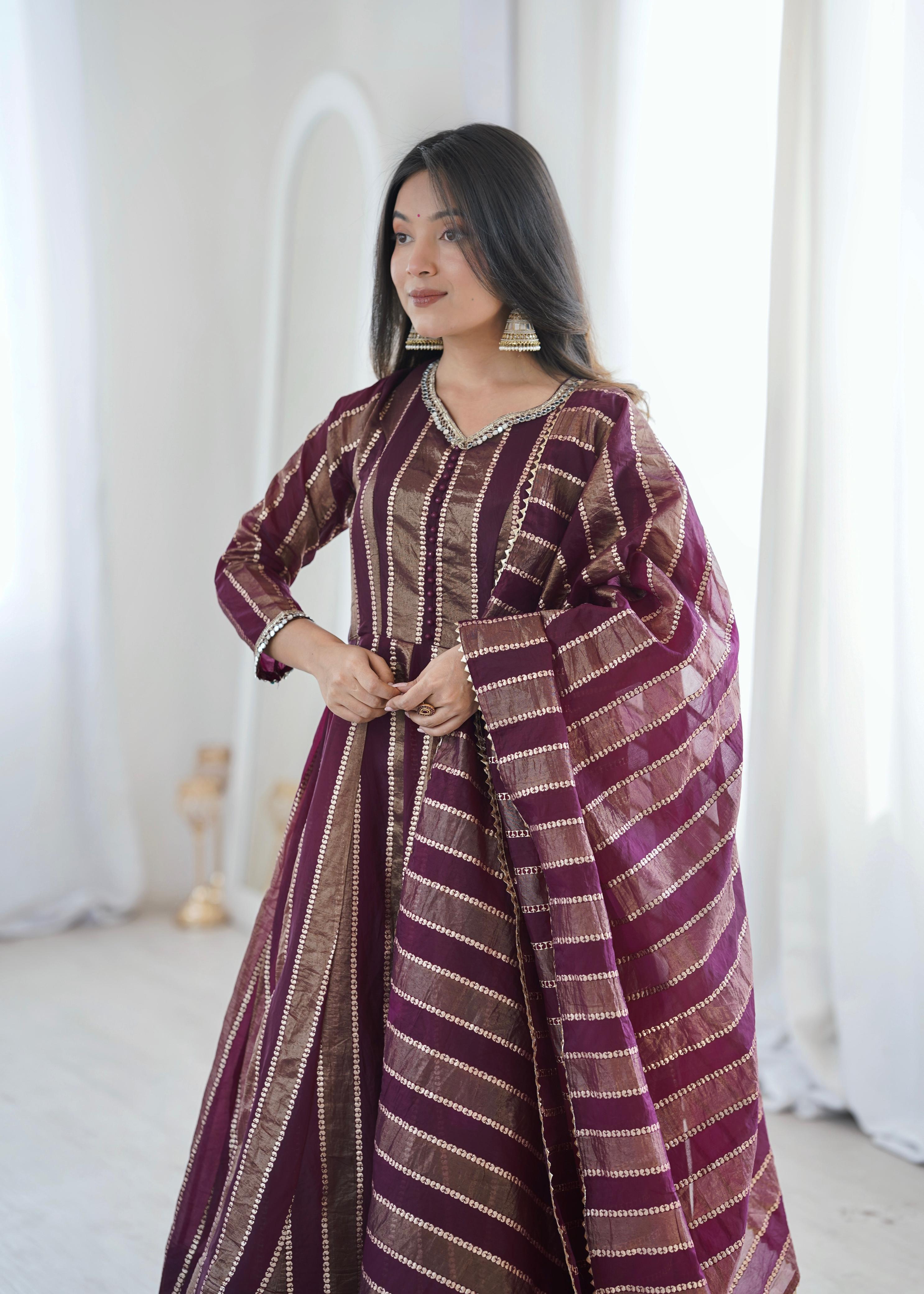 Purple Zari Stripe Anarkali Kurta Pant Set