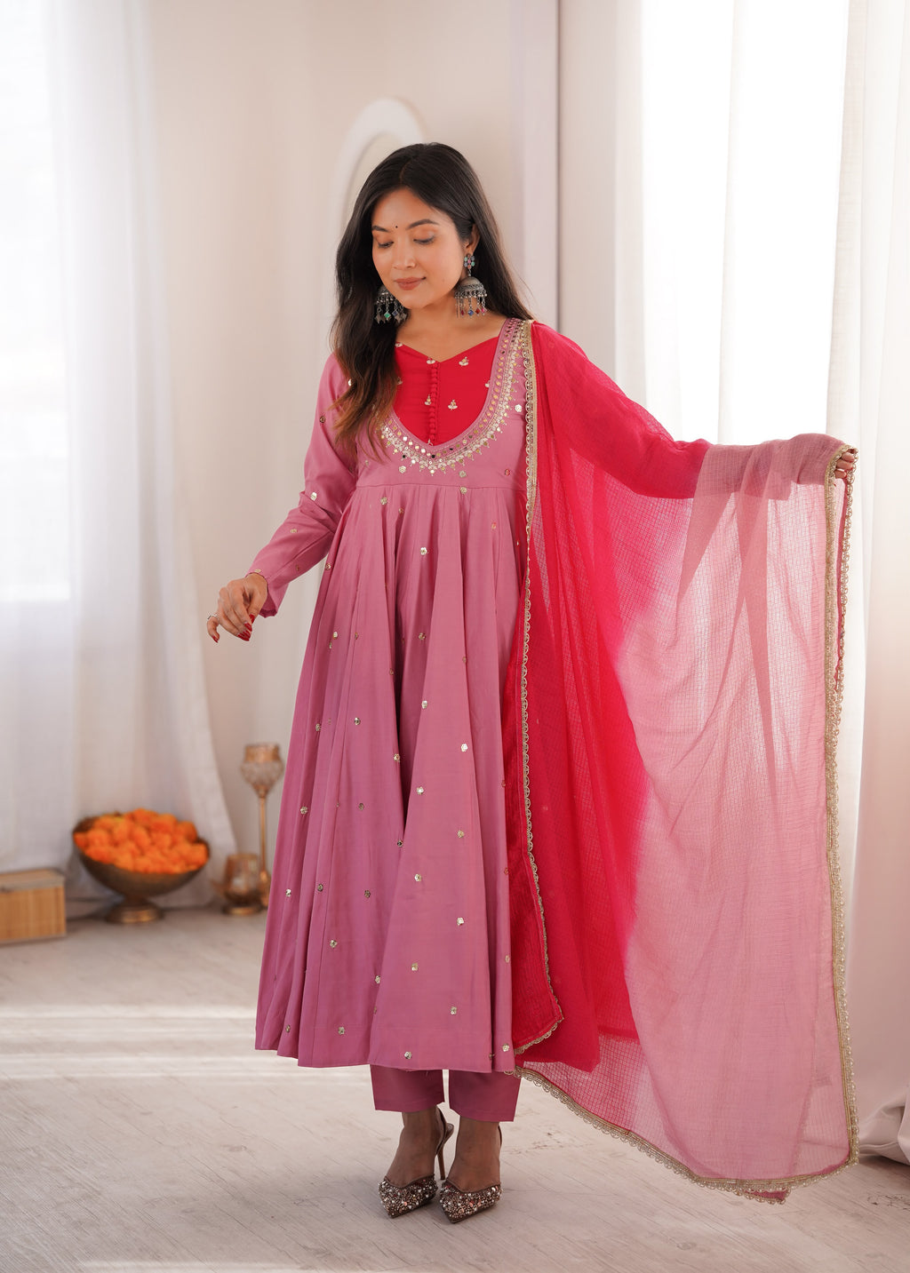 Pink Roman Silk Embroidery Work Suit Set