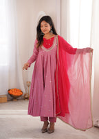 Pink Roman Silk Embroidery Work Suit Set