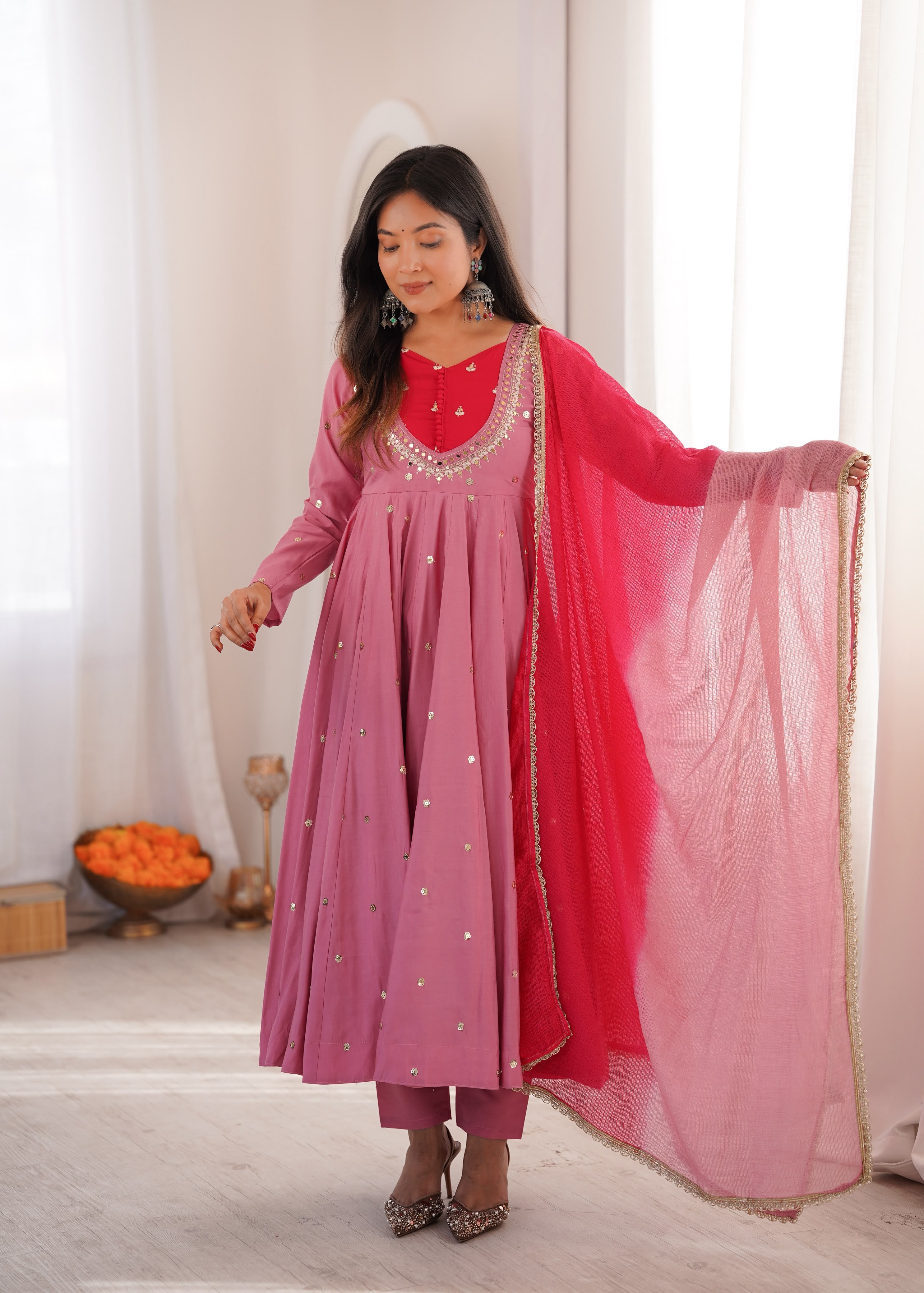 Pink Roman Silk Embroidery Work Suit Set