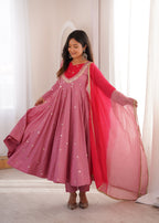 Pink Roman Silk Embroidery Work Suit Set