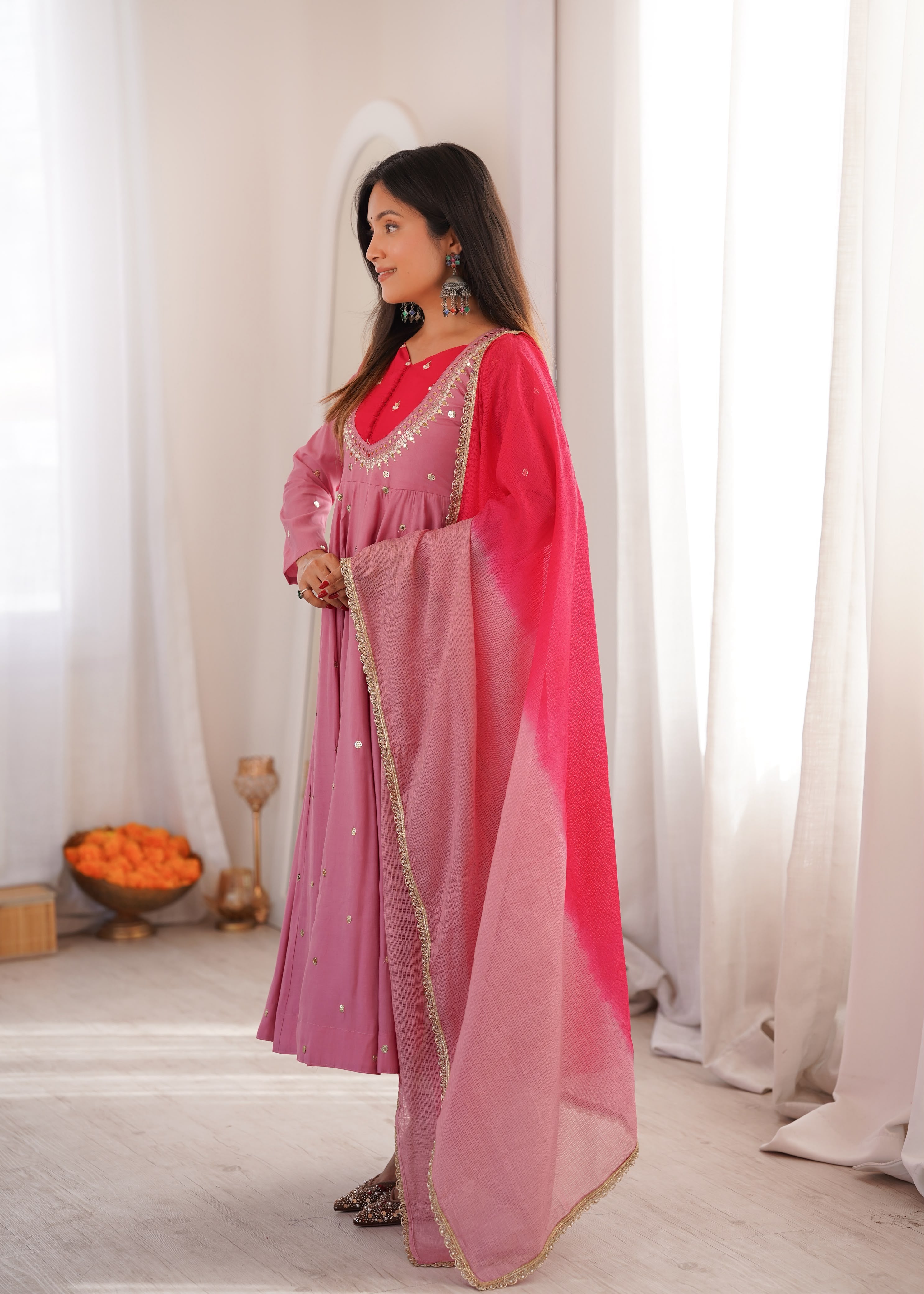 Pink Roman Silk Embroidery Work Suit Set