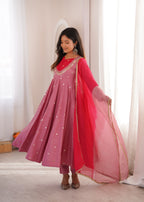 Pink Roman Silk Embroidery Work Suit Set