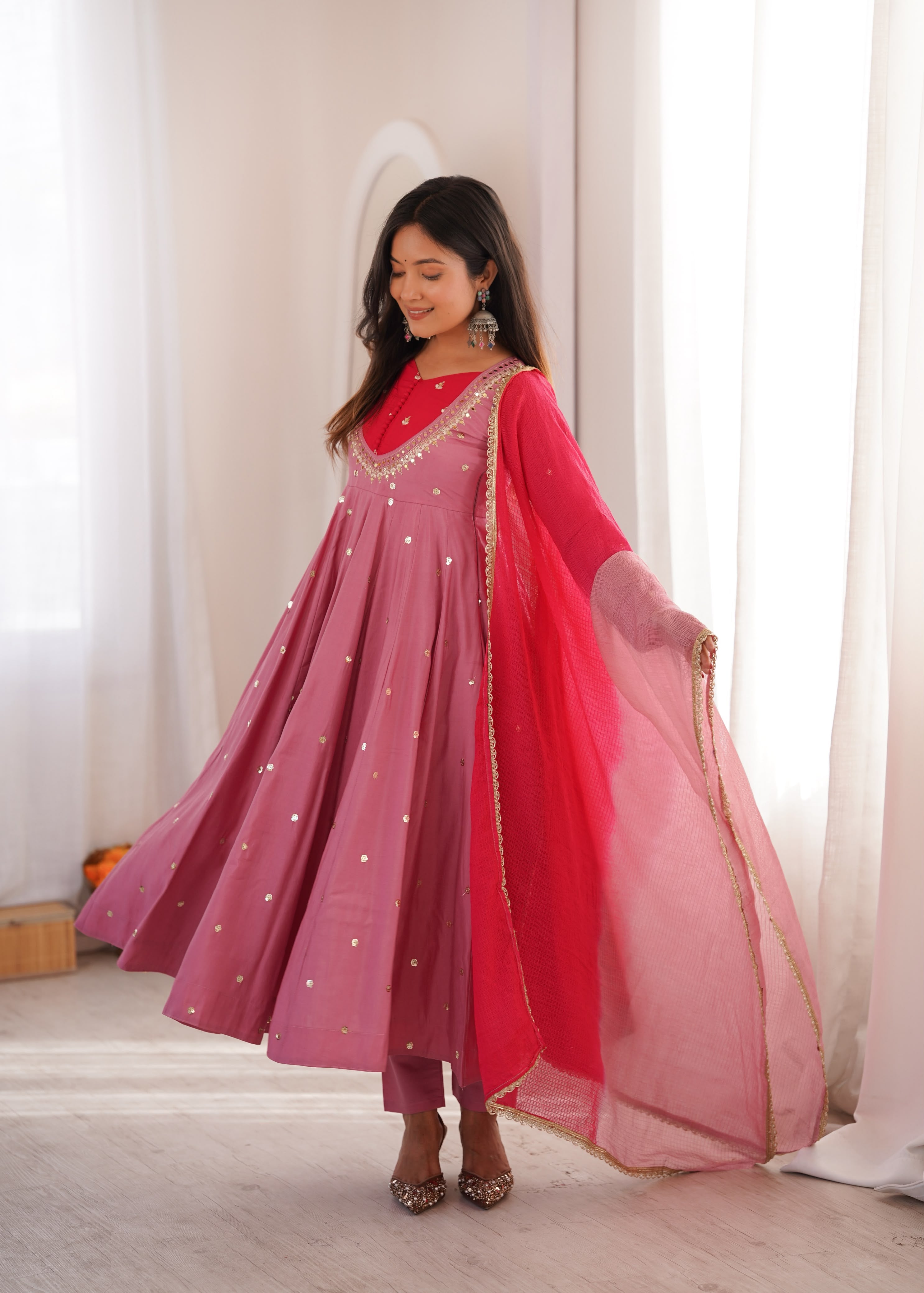 Pink Roman Silk Embroidery Work Suit Set