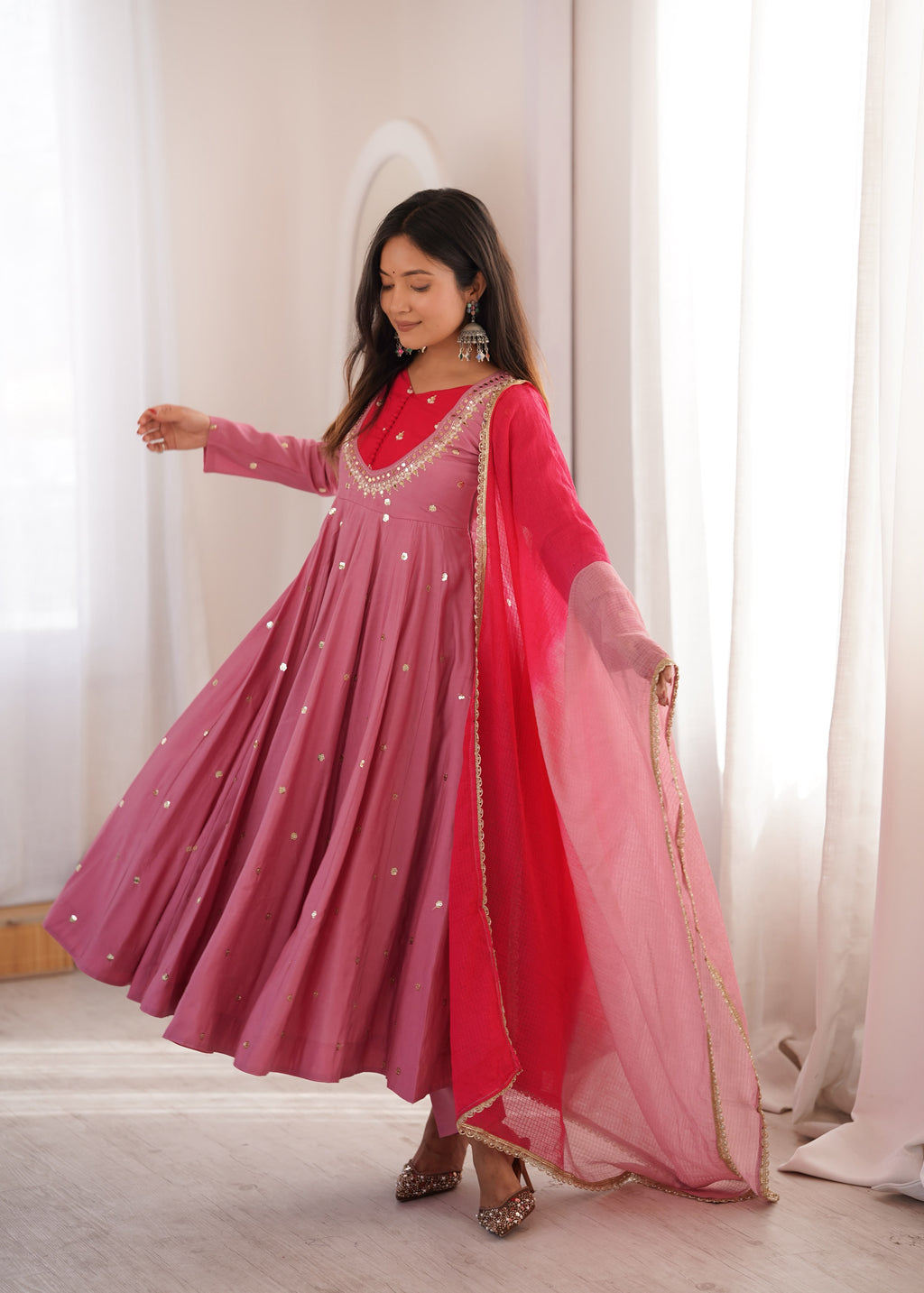 Pink Roman Silk Embroidery Work Suit Set