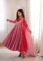 Pink Roman Silk Embroidery Work Suit Set