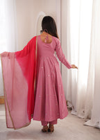 Pink Roman Silk Embroidery Work Suit Set