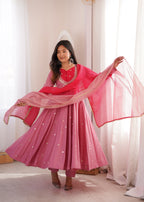 Pink Roman Silk Embroidery Work Suit Set