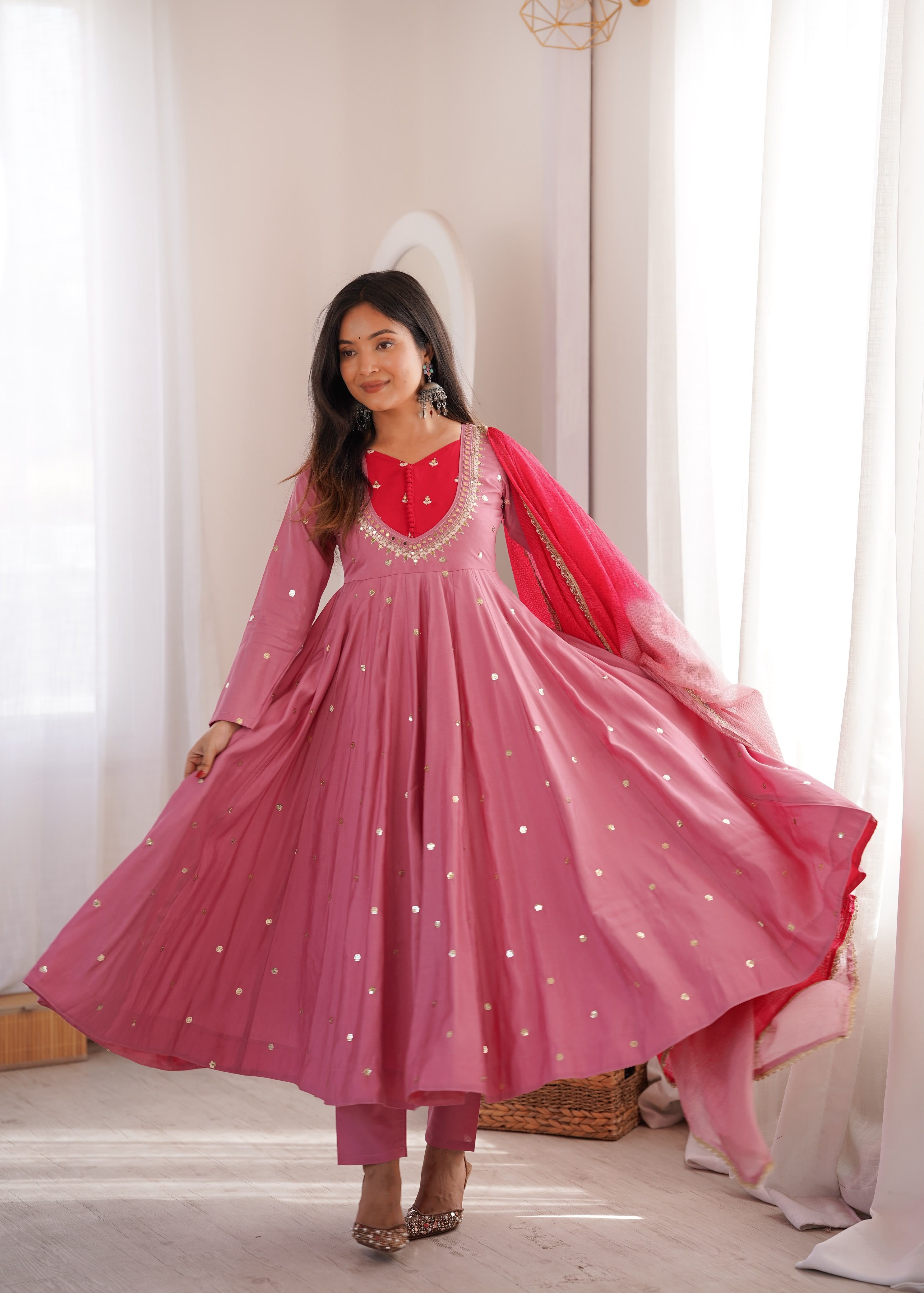 Pink Roman Silk Embroidery Work Suit Set