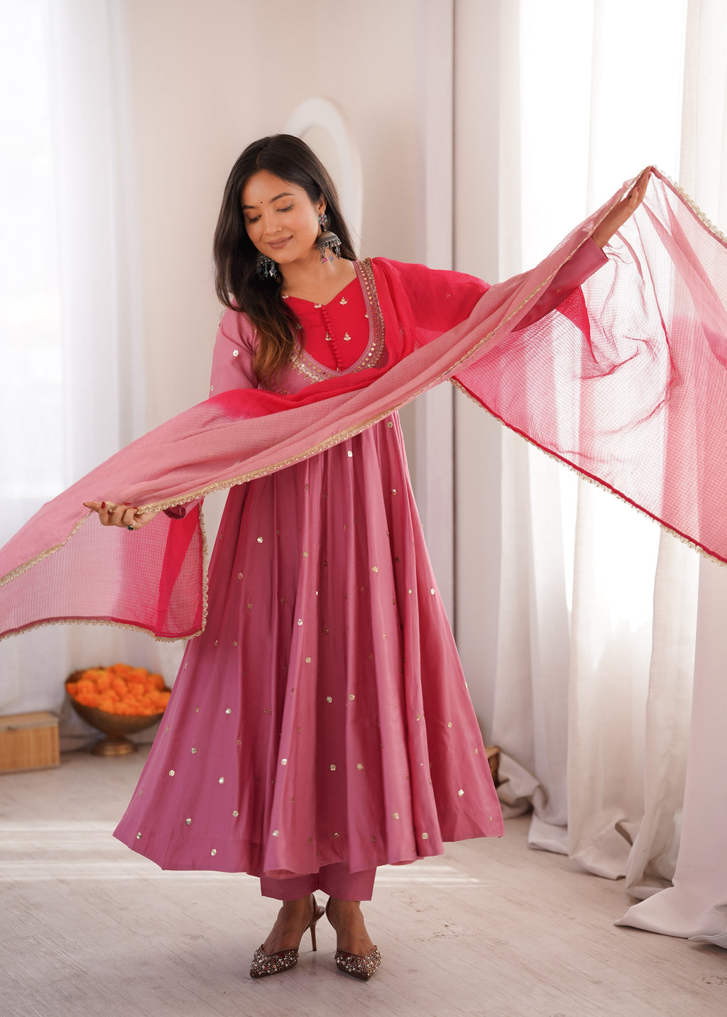 Pink Roman Silk Embroidery Work Suit Set