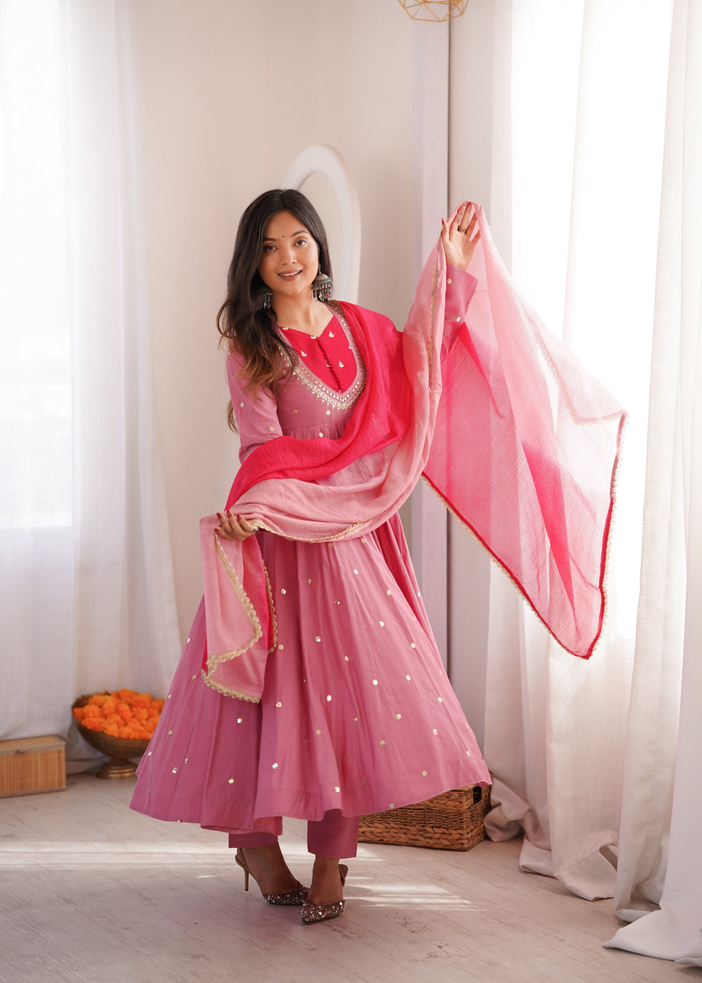 Pink Roman Silk Embroidery Work Suit Set