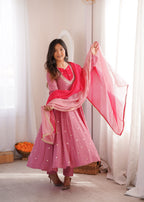 Pink Roman Silk Embroidery Work Suit Set