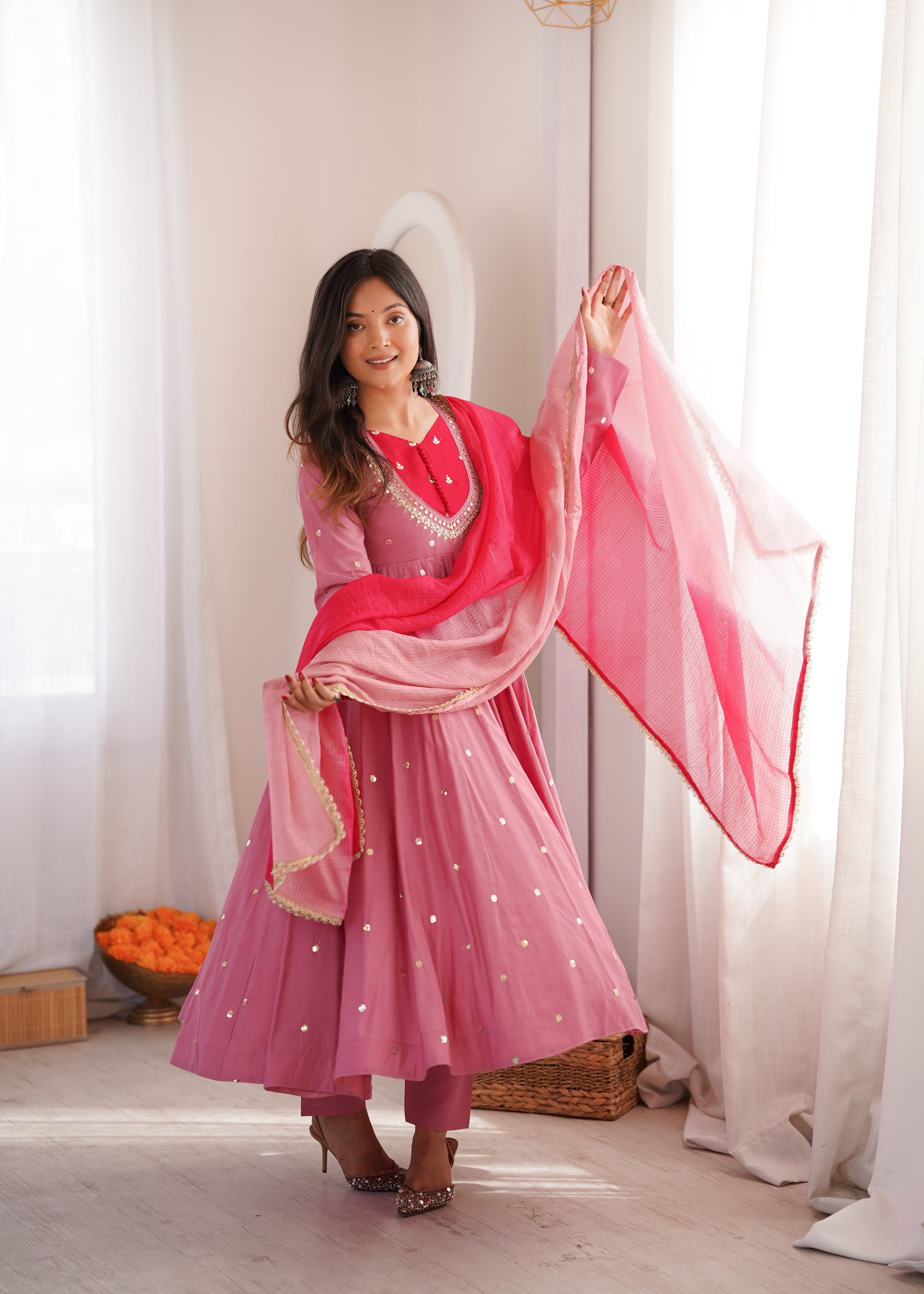 Pink Roman Silk Embroidery Work Suit Set