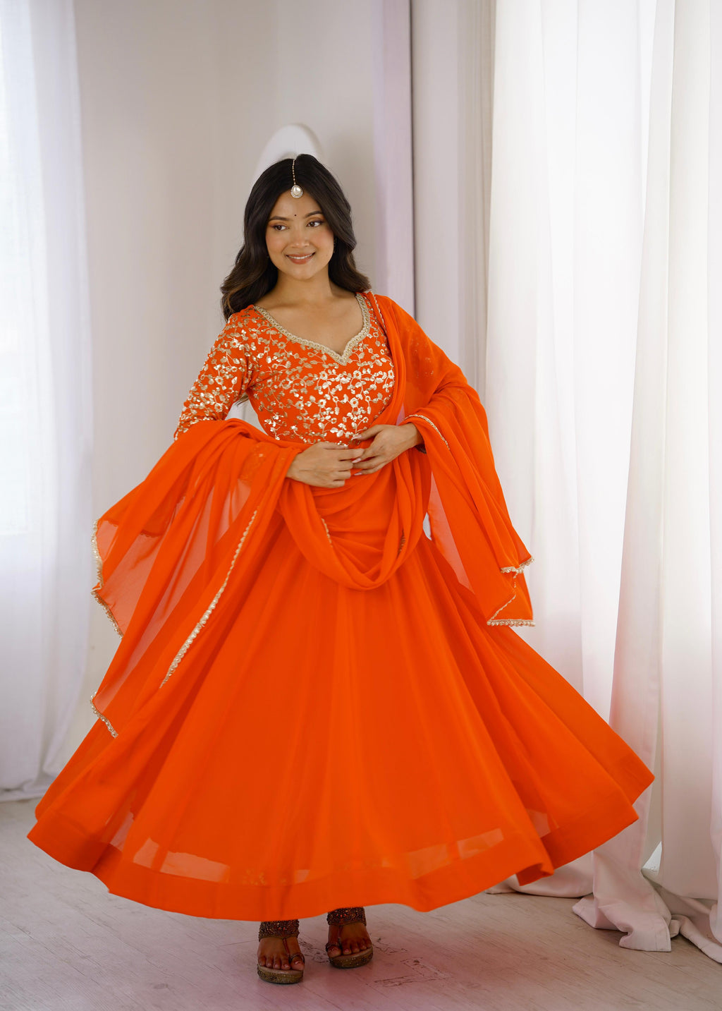 Orange Georgette Embroidery Anarkali