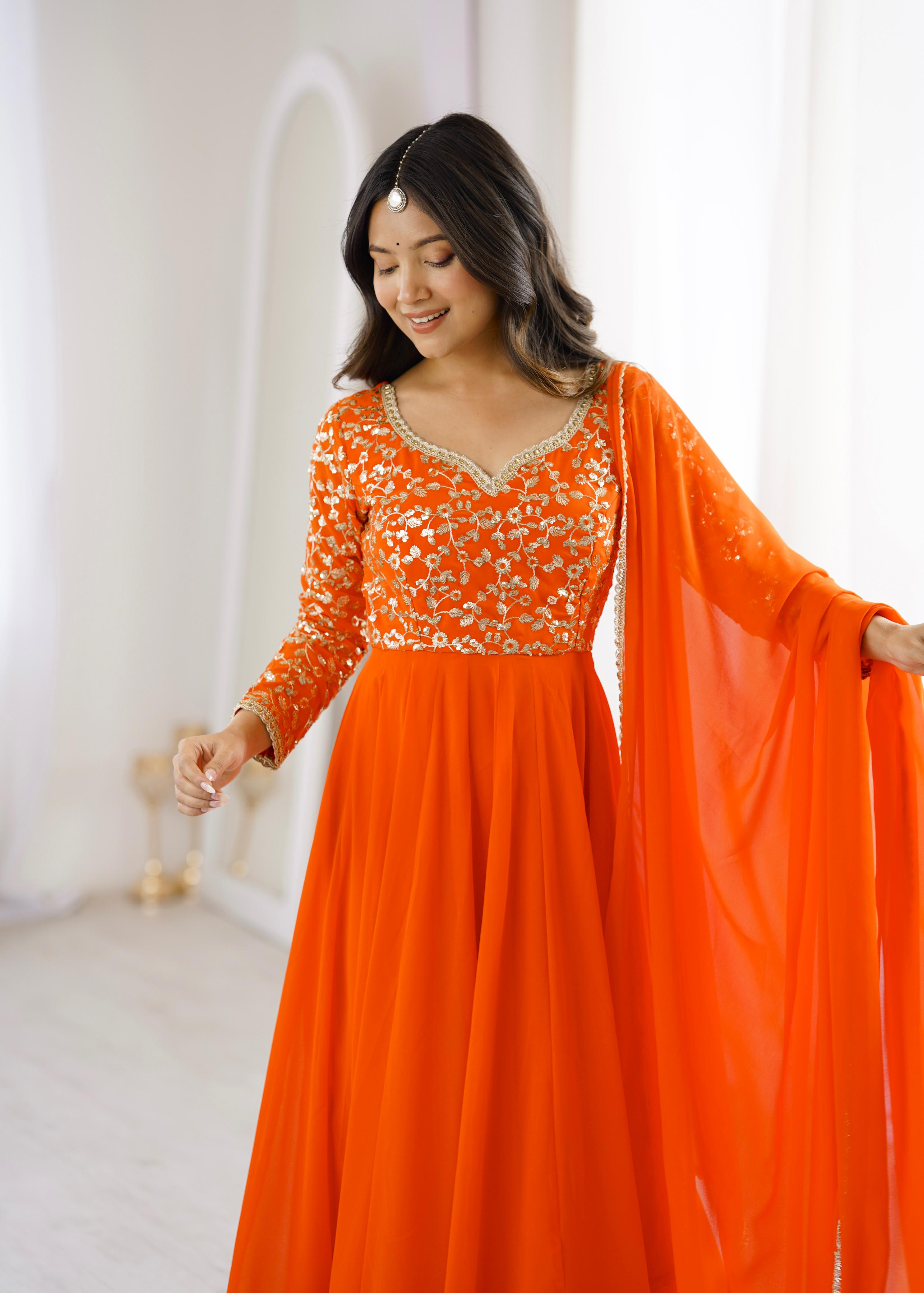 Orange Georgette Embroidery Anarkali