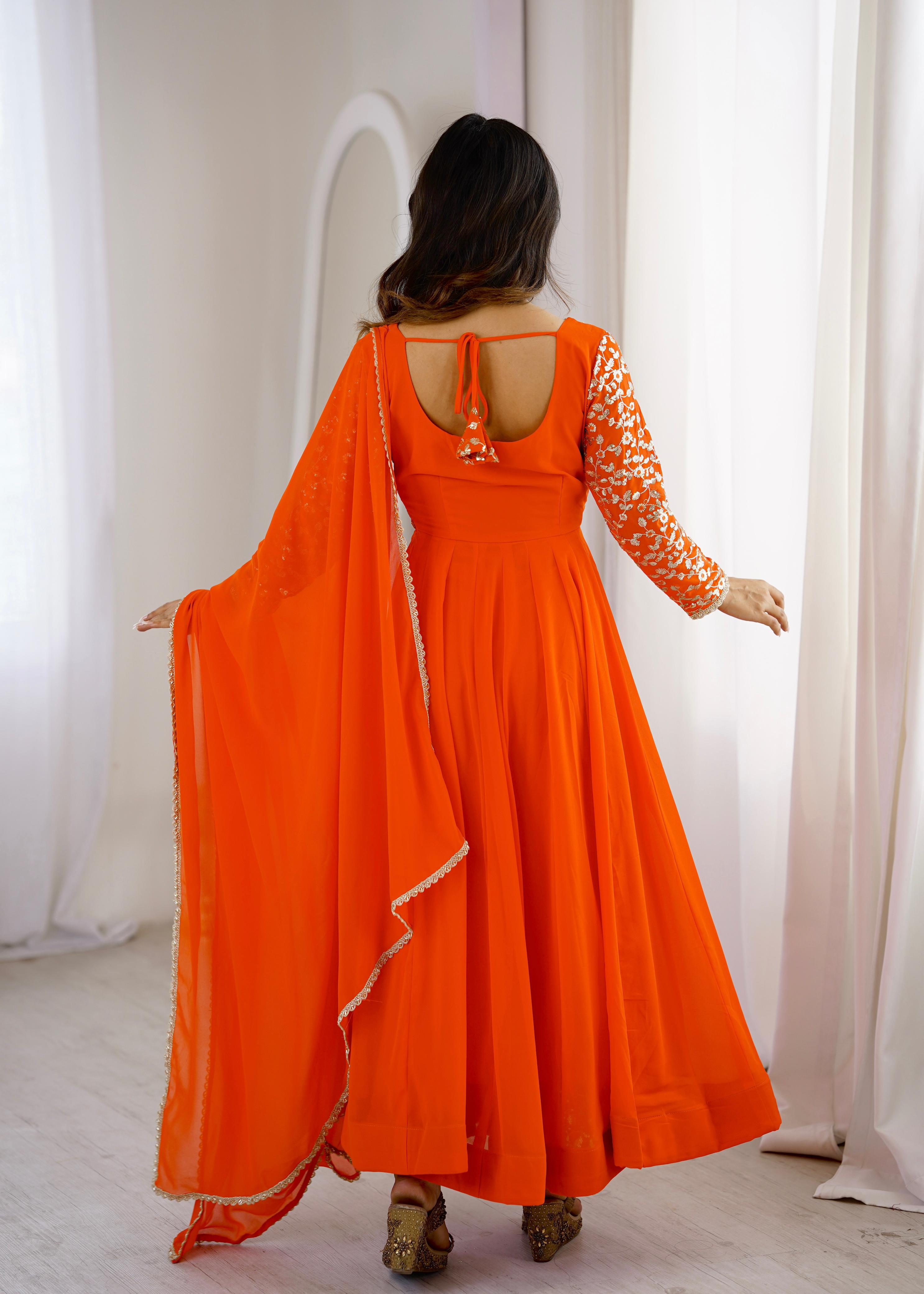 Orange Georgette Embroidery Anarkali