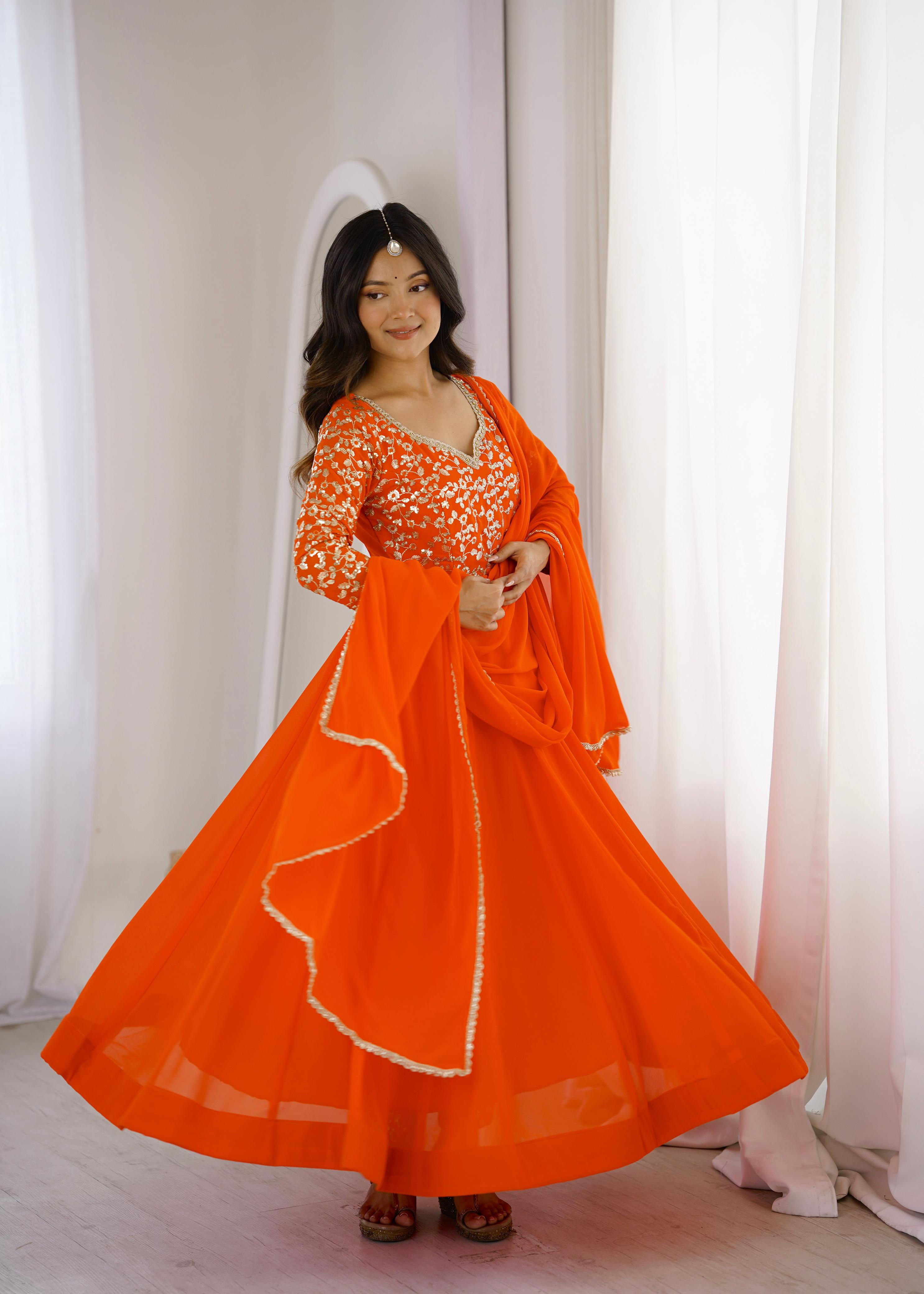 Orange Georgette Embroidery Anarkali