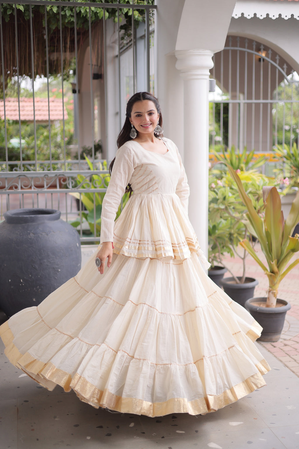 Premium White Tiered lehenga with Golden Zari Border