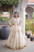 Premium White Tiered lehenga with Golden Zari Border