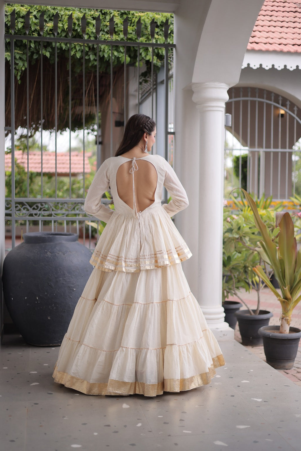 Premium White Tiered lehenga with Golden Zari Border